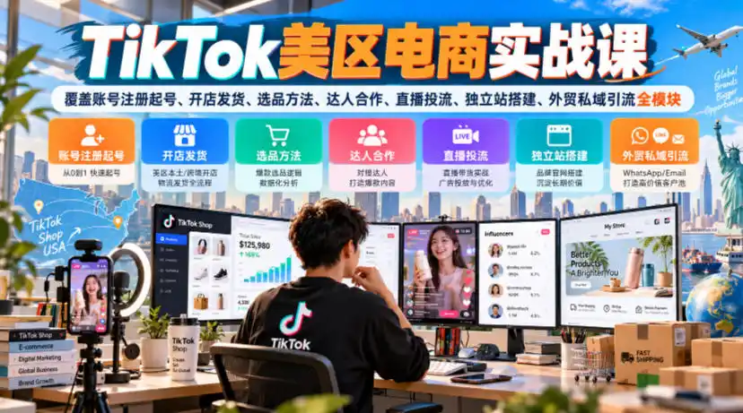 TikTok美区电商实战课，覆盖账号注册起号、开店发货、选品方法、达人合作、直播投流、独立站搭建、外贸私域引流全模块-小玖网_综合网创资源_优质付费资源_知识付费网课平台_创业项目