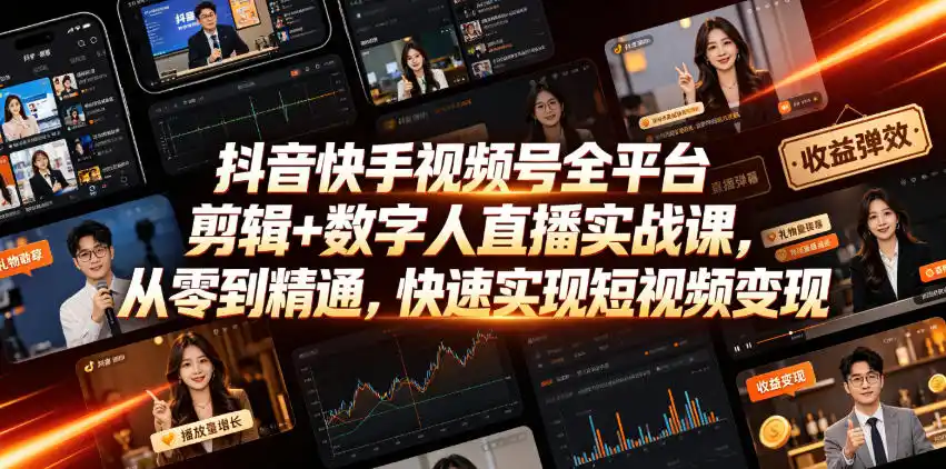 抖音快手视频号全平台剪辑+数字人直播实战课，从零到精通，快速实现短视频变现(更新2026年10月)-小玖网_综合网创资源_优质付费资源_知识付费网课平台_创业项目