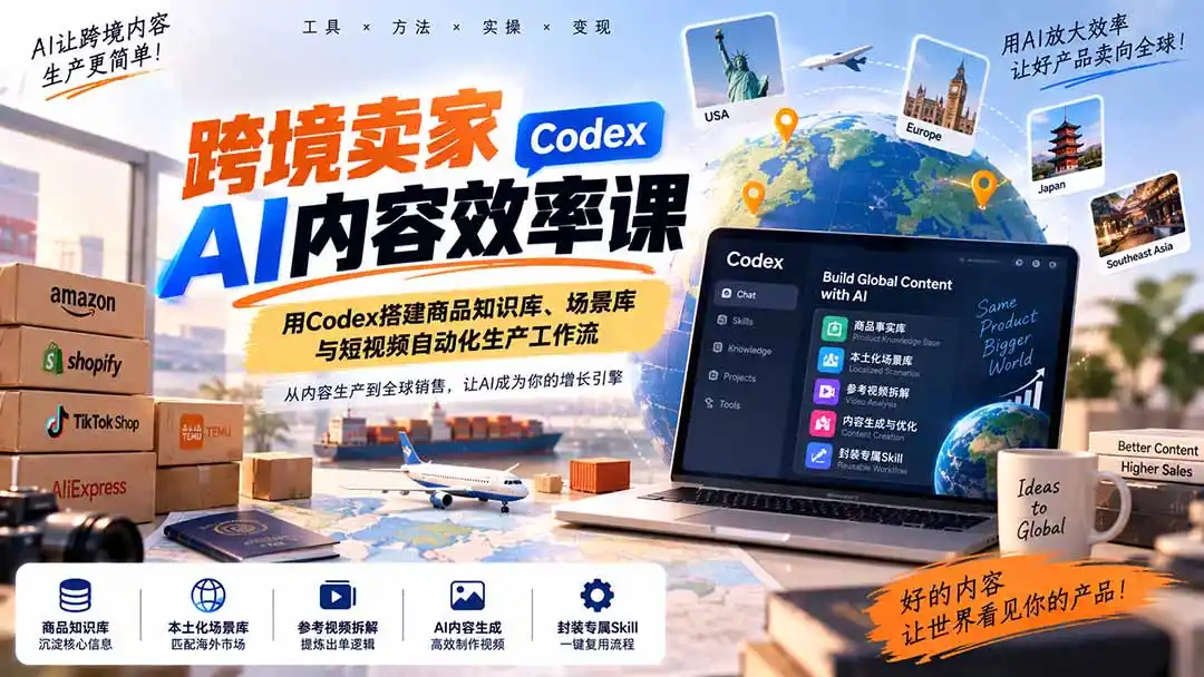 跨境卖家AI内容效率课：用Codex搭建商品知识库、场景库与短视频自动化生产工作流-小玖网_综合网创资源_优质付费资源_知识付费网课平台_创业项目