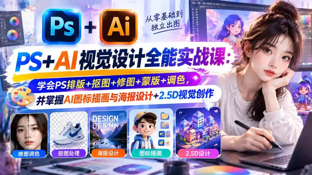 【无水印】PS+AI视觉设计全能实战课：学会PS排版+抠图+修图+蒙版+调色，并掌握AI图标插画与海报设计+2.5D视觉创作-小玖网_综合网创资源_优质付费资源_知识付费网课平台_创业项目