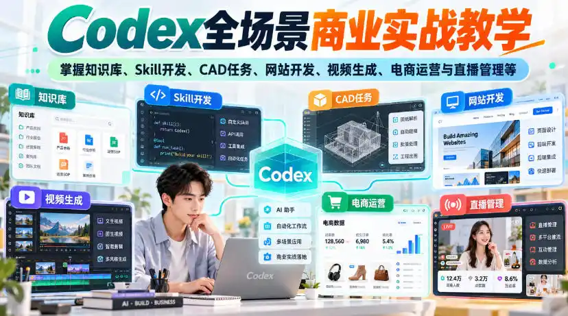 【无水印】Codex全场景商业实战教学,掌握知识库、Skill开发、CAD任务、网站开发、视频生成、电商运营与直播管理等-小玖网_综合网创资源_优质付费资源_知识付费网课平台_创业项目