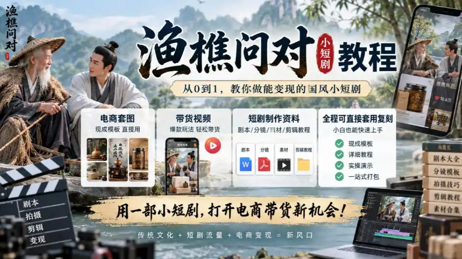 渔樵问对小短剧教程，包含电商套图、带货视频，短剧制作资料，全程可直接套用复刻-小玖网_综合网创资源_优质付费资源_知识付费网课平台_创业项目