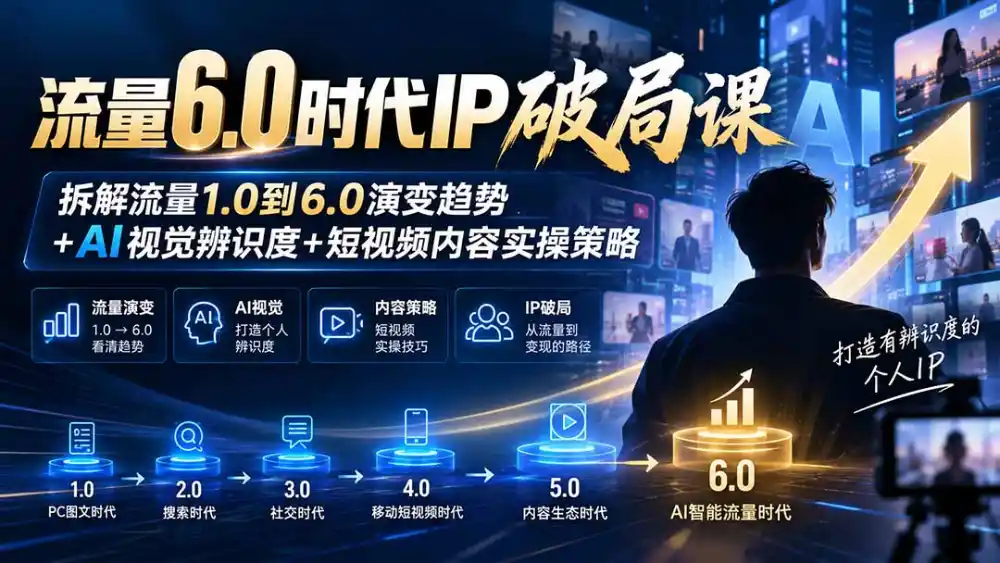 流量6.0时代IP破局课：拆解流量1.0到6.0演变趋势+AI视觉辨识度+短视频内容实操策略-小玖网_综合网创资源_优质付费资源_知识付费网课平台_创业项目