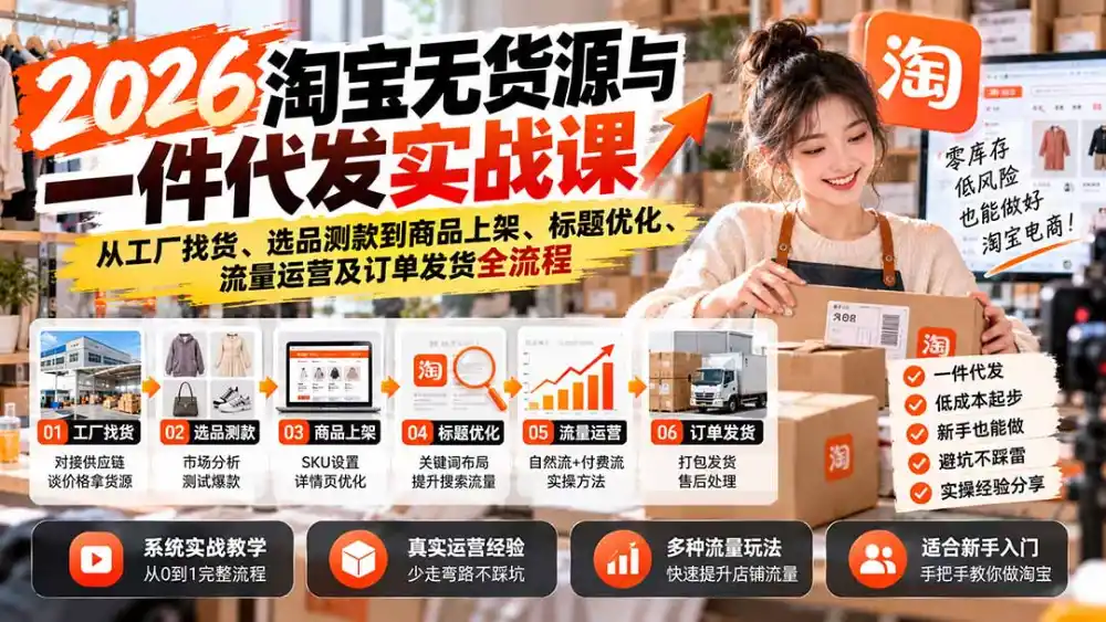 2026淘宝无货源与一件代发实战课：从工厂找货、选品测款到商品上架、标题优化、流量运营及订单发货全流程-小玖网_综合网创资源_优质付费资源_知识付费网课平台_创业项目