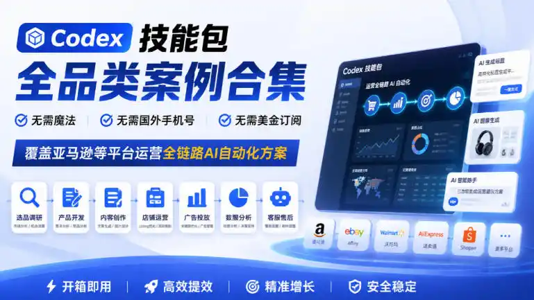 Codex技能包全品类案例合集,无需魔法、无需国外手机号、无需美金订阅,覆盖亚马逊等平台运营全链路AI自动化方案-小玖网_综合网创资源_优质付费资源_知识付费网课平台_创业项目