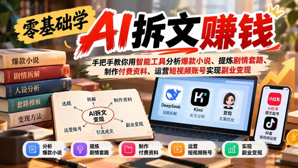 零基础学AI拆文赚钱：手把手教你用智能工具分析爆款小说、提炼剧情套路、制作付费资料、运营短视频账号实现副业变现-小玖网_综合网创资源_优质付费资源_知识付费网课平台_创业项目