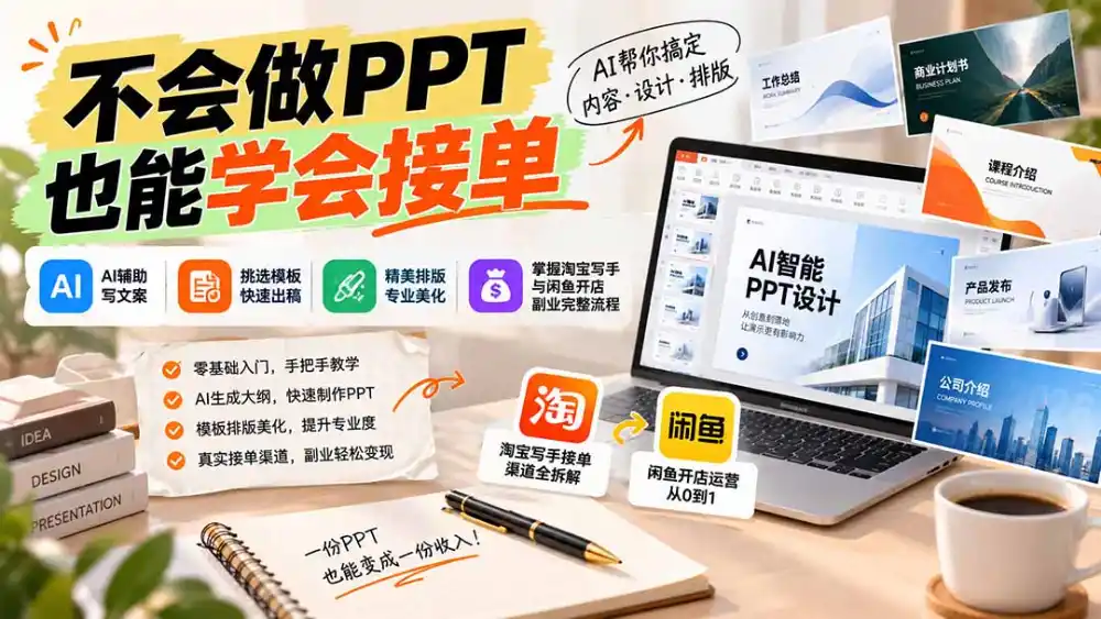 不会做PPT也能学会接单：AI辅助写文案、挑模板、做排版，掌握淘宝写手与闲鱼开店副业完整流程-小玖网_综合网创资源_优质付费资源_知识付费网课平台_创业项目