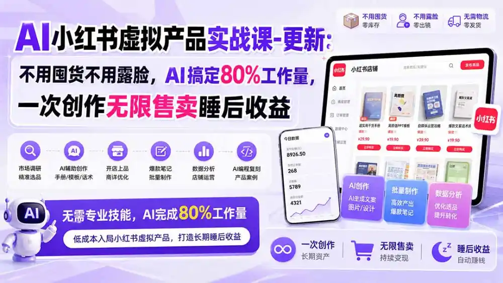 AI小红书虚拟产品实战课-更新1017：不用囤货不用露脸，AI搞定80%工作量，一次创作无限售卖睡后收益-小玖网_综合网创资源_优质付费资源_知识付费网课平台_创业项目