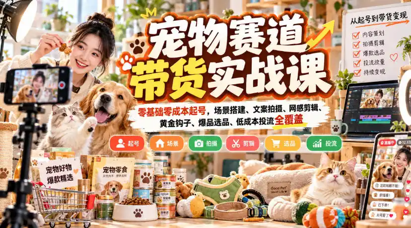 宠物赛道带货实战课，零基础零成本起号，场景搭建、文案拍摄、网感剪辑、黄金钩子、爆品选品、低成本投流全覆盖-小玖网_综合网创资源_优质付费资源_知识付费网课平台_创业项目