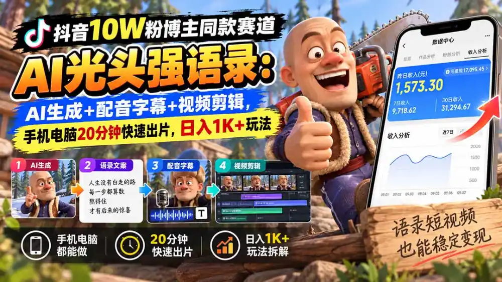 【无水印】抖音10W粉博主同款赛道AI光头强语录：AI生成+配音字幕+视频剪辑，手机电脑20分钟快速出片，日入1K+玩法-小玖网_综合网创资源_优质付费资源_知识付费网课平台_创业项目