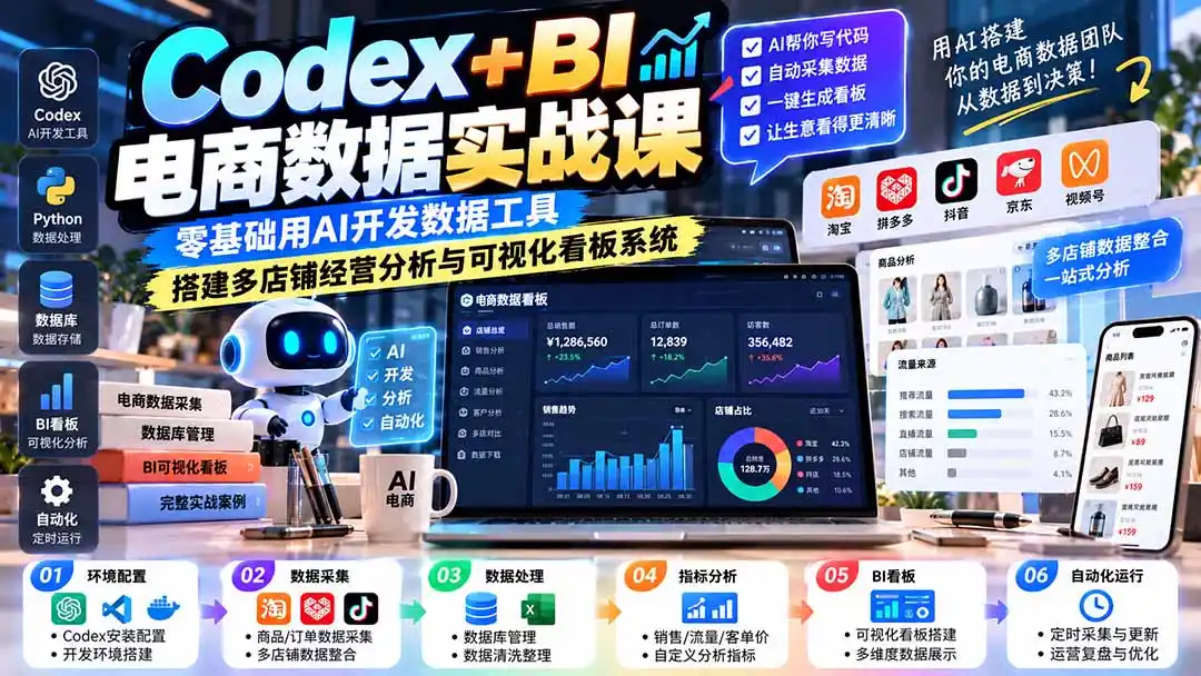 Codex+BI电商数据实战课：零基础用AI开发数据工具，搭建多店铺经营分析与可视化看板系统-小玖网_综合网创资源_优质付费资源_知识付费网课平台_创业项目