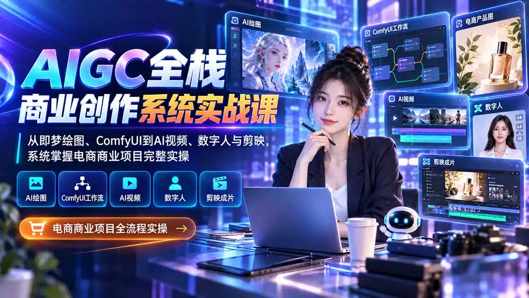 AIGC全栈商业创作系统实战课-更新1017：从即梦绘图、ComfyUI到AI视频、数字人与剪映，系统掌握电商商业项目完整实操-小玖网_综合网创资源_优质付费资源_知识付费网课平台_创业项目