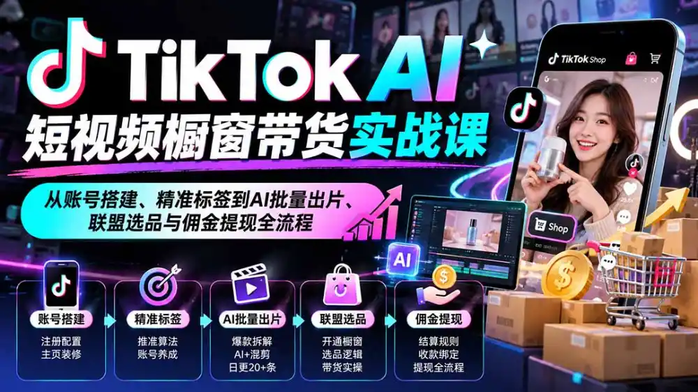TikTok AI短视频橱窗带货实战课：从账号搭建、精准标签到AI批量出片、联盟选品与佣金提现全流程-小玖网_综合网创资源_优质付费资源_知识付费网课平台_创业项目