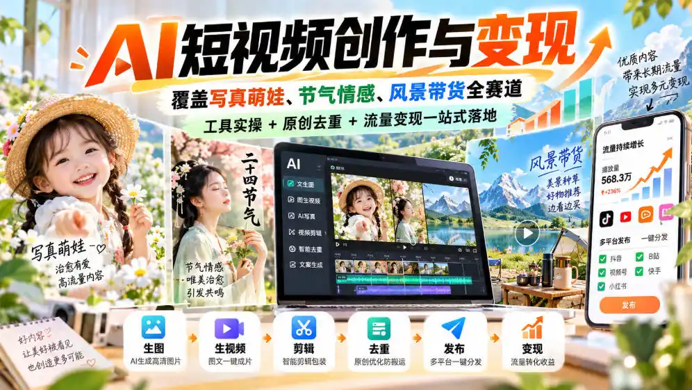 AI短视频创作与变现，覆盖写真萌娃、节气情感、风景带货全赛道，工具实操+原创去重+流量变现一站式落地-小玖网_综合网创资源_优质付费资源_知识付费网课平台_创业项目