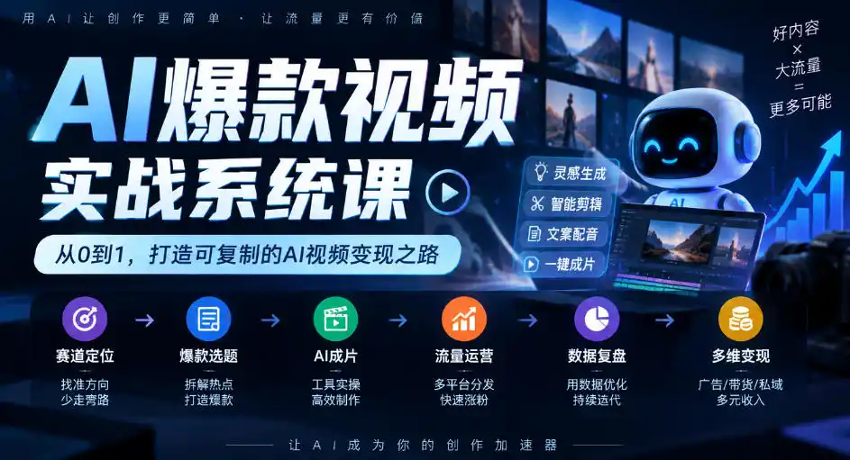 AI爆款视频实战系统课｜赛道定位、爆款选题、AI成片、流量运营、数据复盘、多维变现全链路教学-小玖网_综合网创资源_优质付费资源_知识付费网课平台_创业项目