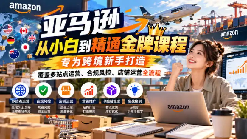 亚马逊从小白到精通金牌课程，专为跨境新手打造，覆盖多站点运营、合规风控、店铺运营全流程-小玖网_综合网创资源_优质付费资源_知识付费网课平台_创业项目