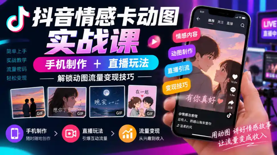 抖音情感卡动图实战课｜手机制作+直播玩法，解锁动图流量变现技巧-小玖网_综合网创资源_优质付费资源_知识付费网课平台_创业项目