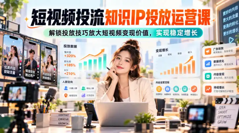 短视频投流知识IP投放运营课，解锁投放技巧放大短视频变现价值，实现稳定增长-小玖网_综合网创资源_优质付费资源_知识付费网课平台_创业项目