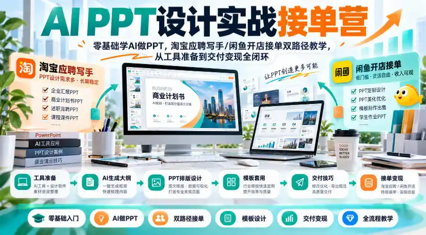 AI PPT设计实战接单营｜零基础学AI做PPT，淘宝应聘写手/闲鱼开店接单双路径教学，从工具准备到交付变现全闭环-小玖网_综合网创资源_优质付费资源_知识付费网课平台_创业项目