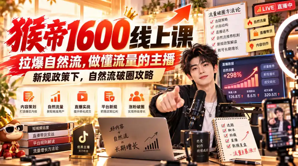猴帝1600线上课，拉爆自然流，做懂流量的主播，新规政策下，自然流破圈攻略【更新261002】-小玖网_综合网创资源_优质付费资源_知识付费网课平台_创业项目