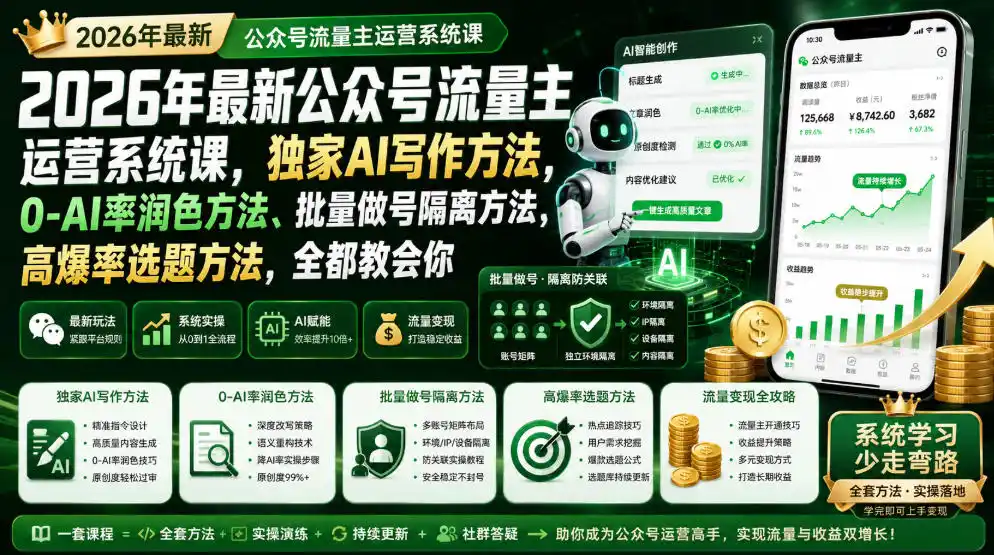 2026年最新公众号流量主运营系统课，独家AI写作方法，0-AI率润色方法、批量做号隔离方法、高爆率选题方法，全都教会你(更新1009)-小玖网_综合网创资源_优质付费资源_知识付费网课平台_创业项目
