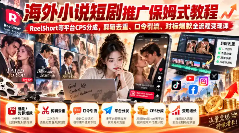 海外小说短剧推广保姆式教程｜ReelShort等平台CPS分成，剪辑去重、口令引流、对标爆款全流程变现课-小玖网_综合网创资源_优质付费资源_知识付费网课平台_创业项目