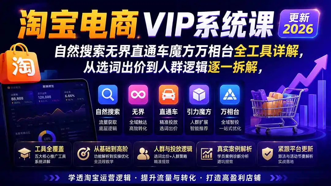 2026淘宝电商终局之战VIP课-更新1015：自然搜索+直通车+无界+精准人群，系统掌握测款动销与全店推广布局方法-小玖网_综合网创资源_优质付费资源_知识付费网课平台_创业项目