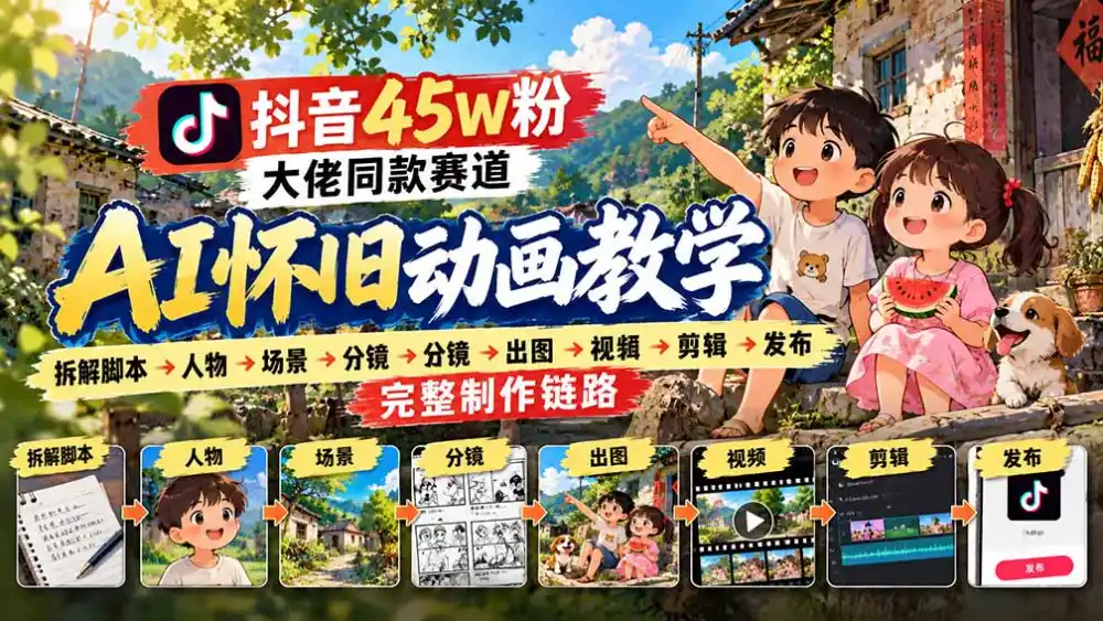 抖音45W粉大佬同款赛道AI怀旧动画教学：拆解脚本→人物→场景→分镜→出图→视频→剪辑→发布完整制作链路-小玖网_综合网创资源_优质付费资源_知识付费网课平台_创业项目