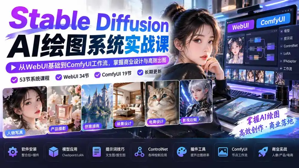 【无水印】Stable Diffusion AI绘图系统实战课：从WebUI基础到ComfyUI工作流，掌握商业设计与高效出图-小玖网_综合网创资源_优质付费资源_知识付费网课平台_创业项目