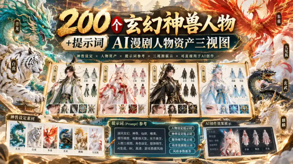 200个玄幻神兽人物+提示词ai漫剧人物资产三视图-小玖网_综合网创资源_优质付费资源_知识付费网课平台_创业项目