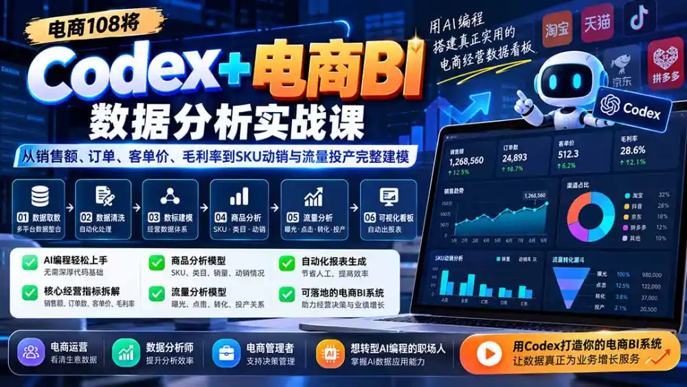Codex+电商BI数据分析实战课-更新：从销售额、订单、客单价、毛利率到SKU动销与流量投产完整建模-小玖网_综合网创资源_优质付费资源_知识付费网课平台_创业项目