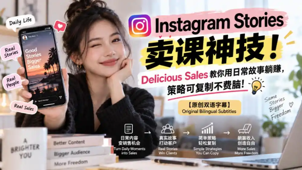 Instagram Stories卖课神技！Delicious Sales教你用日常故事躺賺，策略可复制不费脑！【原创双语字幕】-小玖网_综合网创资源_优质付费资源_知识付费网课平台_创业项目