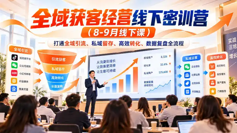 全域获客经营线下密训营(8-9月线下课)，打通全域引流、私域留存、高效转化、数据复盘全流程-小玖网_综合网创资源_优质付费资源_知识付费网课平台_创业项目