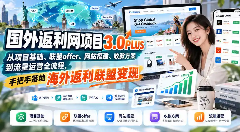 国外返利网项目3.0PLUS，从项目基础、联盟offer、网站搭建、收款方案到流量运营全流程，手把手落地海外返利联盟变现-小玖网_综合网创资源_优质付费资源_知识付费网课平台_创业项目