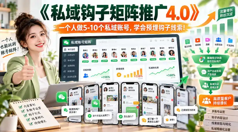 【无水印】《私域钩子矩阵推广4.0》一个人做5-10个私域账号，学会预埋钩子线索！-小玖网_综合网创资源_优质付费资源_知识付费网课平台_创业项目