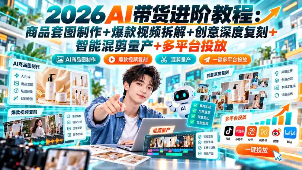 2026AI带货进阶教程：商品套图制作+爆款视频拆解+创意深度复刻+智能混剪量产+多平台投放-小玖网_综合网创资源_优质付费资源_知识付费网课平台_创业项目