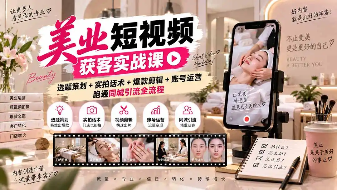 美业短视频获客实战课-无水印：选题策划+实拍话术+爆款剪辑+账号运营，跑通同城引流全流程-小玖网_综合网创资源_优质付费资源_知识付费网课平台_创业项目