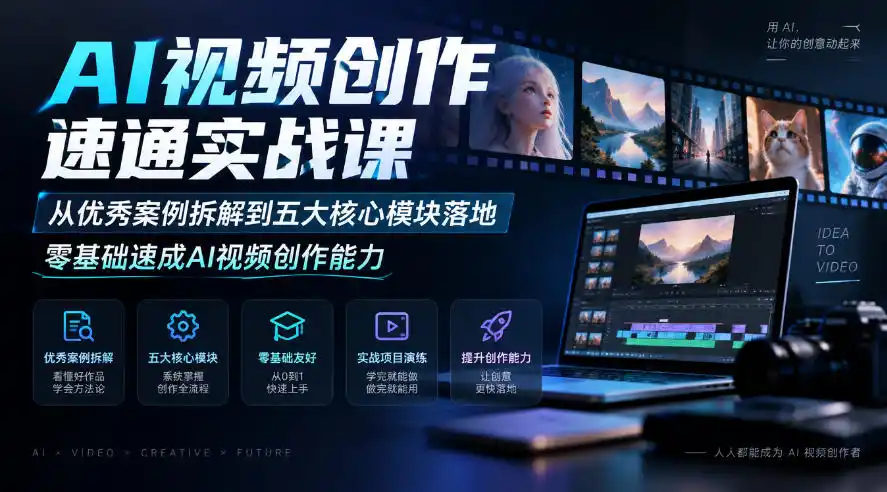 AI视频创作速通实战课｜从优秀案例拆解到五大核心模块落地，零基础速成AI视频创作能力-小玖网_综合网创资源_优质付费资源_知识付费网课平台_创业项目