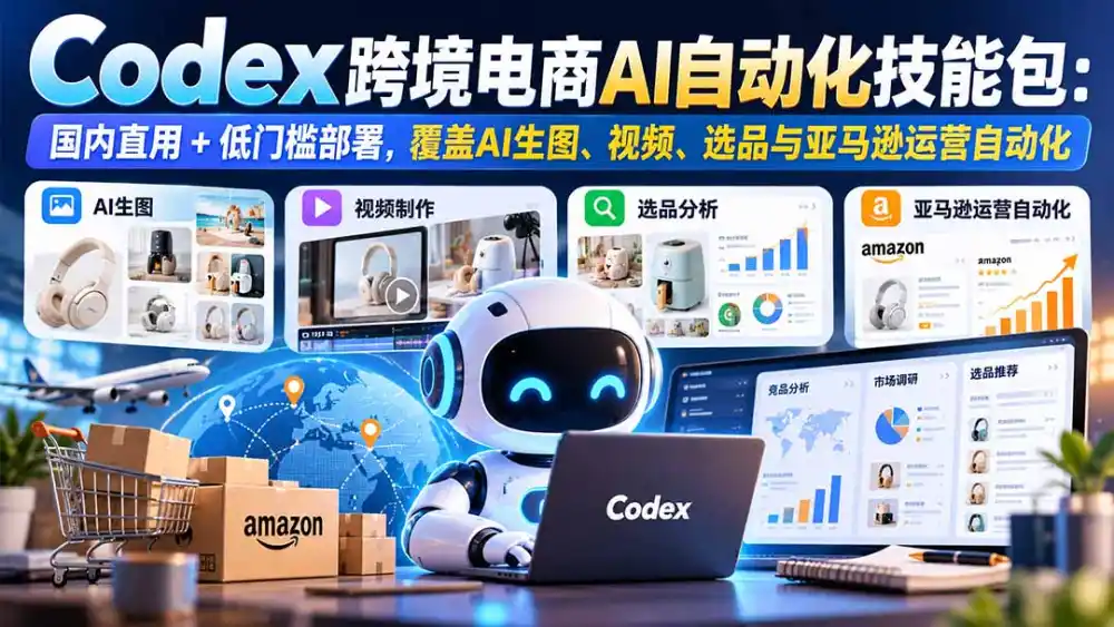 【无水印】Codex跨境电商AI自动化技能包：国内直用+低门槛部署，覆盖AI生图、视频、选品与亚马逊运营自动化-小玖网_综合网创资源_优质付费资源_知识付费网课平台_创业项目