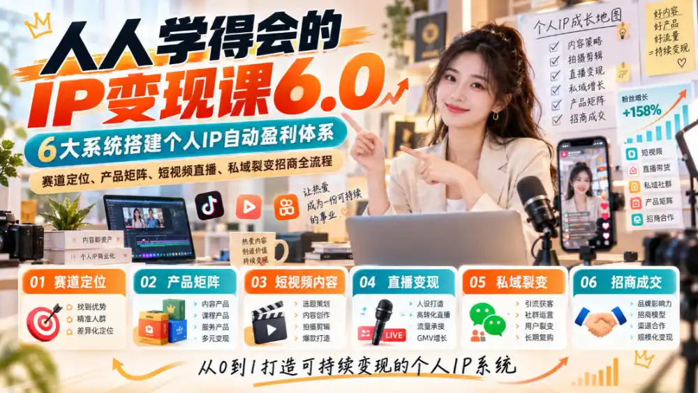 人人学得会的IP变现课6.0，6大系统搭建个人IP自动盈利体系，赛道定位、产品矩阵、短视频直播、私域裂变招商全流程-小玖网_综合网创资源_优质付费资源_知识付费网课平台_创业项目