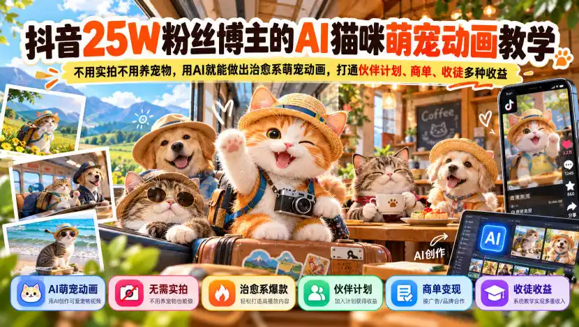 抖音25W粉丝博主的AI猫咪萌宠动画教学，不用实拍不用养宠物，用AI就能做出治愈系萌宠动画，打通伙伴计划、商单、收徒多种收益-小玖网_综合网创资源_优质付费资源_知识付费网课平台_创业项目
