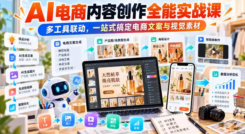 【无水印】AI电商内容创作全能实战课｜多工具联动，一站式搞定电商文案与视觉素材-小玖网_综合网创资源_优质付费资源_知识付费网课平台_创业项目