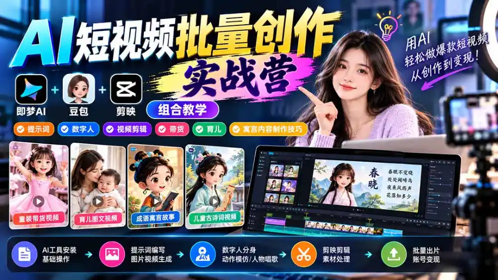 【无水印】AI短视频批量创作实战营：即梦+豆包+剪映组合教学，提示词/数字人/视频剪辑/带货/育儿/寓言内容制作技巧-小玖网_综合网创资源_优质付费资源_知识付费网课平台_创业项目