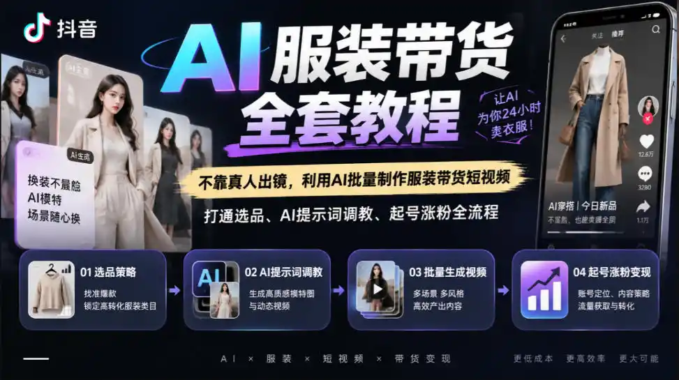 抖音AI服装带货全套教程，不靠真人出镜，利用AI批量制作服装带货短视频，打通选品、AI提示词调教、起号涨粉全流程-小玖网_综合网创资源_优质付费资源_知识付费网课平台_创业项目