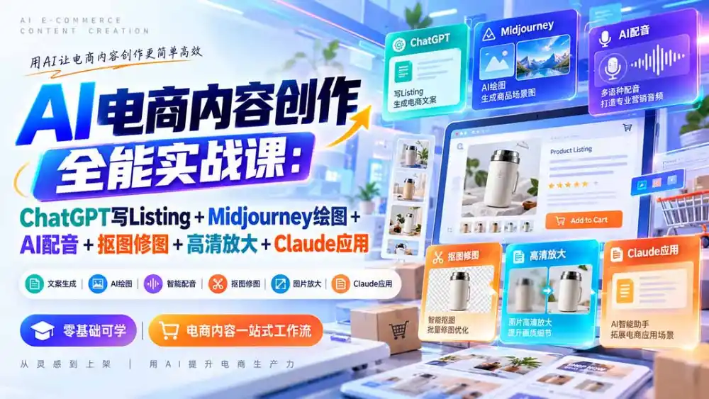 【无水印】AI电商内容创作全能实战课：ChatGPT写Listing+Midjourney绘图+AI配音+抠图修图+高清放大+Claude应用-小玖网_综合网创资源_优质付费资源_知识付费网课平台_创业项目