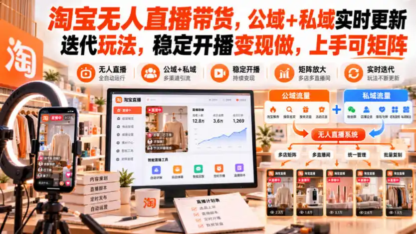淘宝无人直播带货，公域+私域实时更新迭代玩法，稳定开播变现做，上手可矩阵【揭秘】-小玖网_综合网创资源_优质付费资源_知识付费网课平台_创业项目