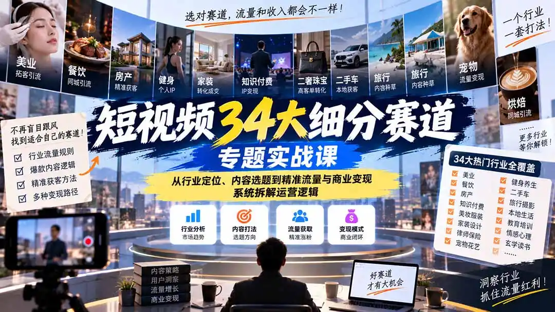 短视频34大细分赛道专题实战课：从行业定位、内容选题到精准流量与商业变现，系统拆解运营逻辑-小玖网_综合网创资源_优质付费资源_知识付费网课平台_创业项目