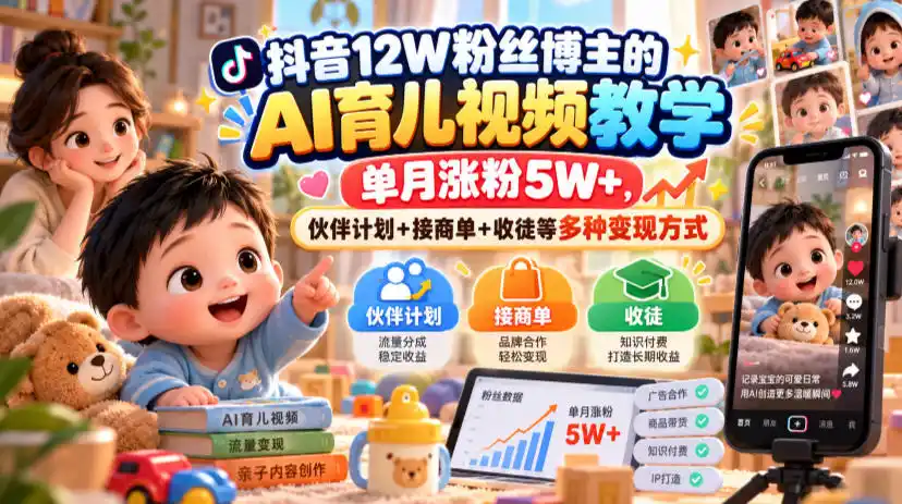 抖音12W粉丝博主的AI育儿视频教学,单月涨粉5W+,伙伴计划+接商单+收徒等多种变现方式
