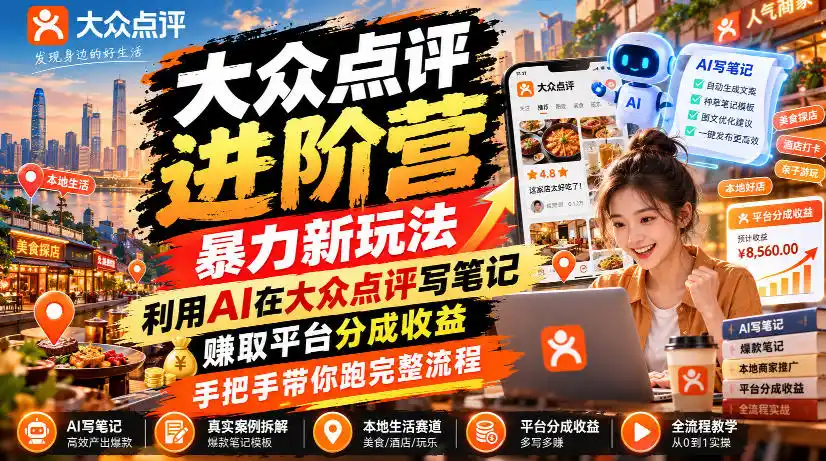 大众点评进阶营，暴力新玩法，利用AI在大众点评写笔记， 賺取平台分成收益，手把手带你跑完整流程-小玖网_综合网创资源_优质付费资源_知识付费网课平台_创业项目