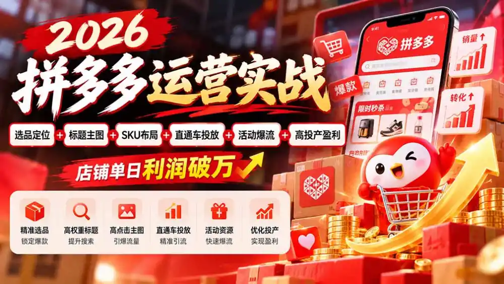 2026拼多多运营实战-更新1002：选品定位+标题主图+SKU布局+直通车投放+活动爆流+高投产盈利 店铺单日利润破万-小玖网_综合网创资源_优质付费资源_知识付费网课平台_创业项目